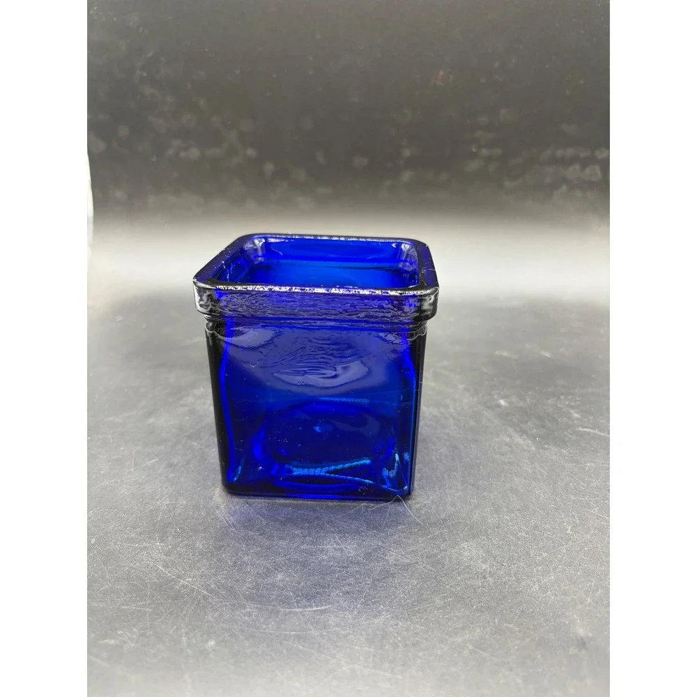 Cobalt Blue Glass Square Votive Candle Holder Textured Rim Decorative Mini Vase